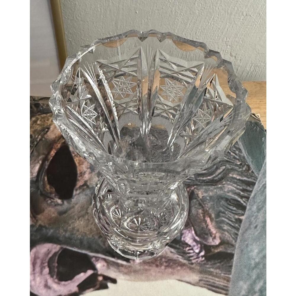 Vintage Etched Clear Cut Crystal Lead Vase Hand Cut Heavy Weight - Picture 4 of 4